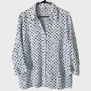 JM Collection Linen Polka Dot Button-Up Shirt Blouse White Women's Plus Size 18W